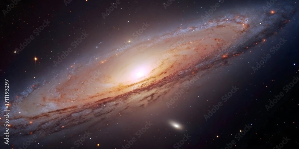 Fototapeta premium The Andromeda Galaxy M31 with a small companion galaxy in the lower right, showcasing its spiral structure and bright center