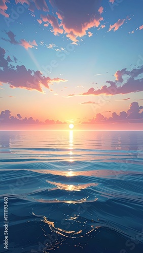 Serene Sunset Over Calm Ocean Waters with Colorful Sky and Clouds
