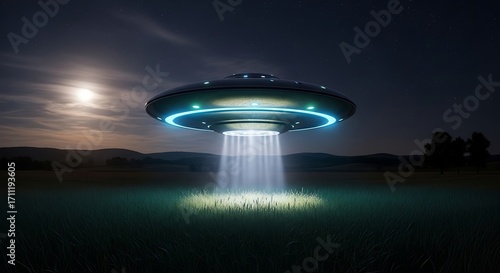 Alien Spaceship UFO with Blue Lights Emitting Beam Onto Grassy Field at Night flying saucer extraterrestrial
