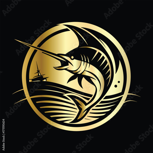 Golden Marlin Fish Logo Design – Luxury Sailfish Vector Emblem for Sport Fishing, Seafood Branding, Ocean Adventure Badge, Premium Fisherman Club Icon, Stylish Golden Logo Illustration.
