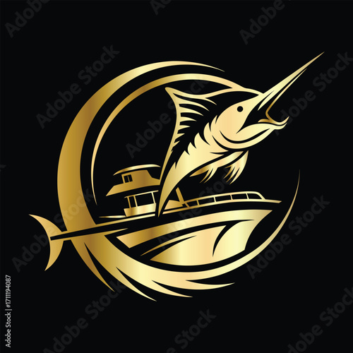 Golden Marlin Fish Logo Design – Luxury Sailfish Vector Emblem for Sport Fishing, Seafood Branding, Ocean Adventure Badge, Premium Fisherman Club Icon, Stylish Golden Logo Illustration.
