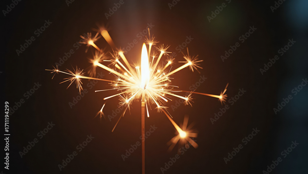 Fototapeta premium Close-up photograph of a single sparkler against a dark background. The sparkler is centered in the frame, with a bright, glowing white flame at its core. Radiating from the flame are numerous