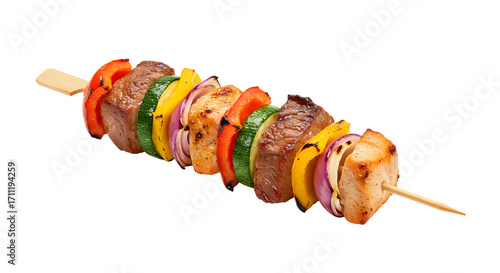 A mouthwatering skewer with colorful assorted grilled foods. A single skewer featuring meat and vegetables. A culinary delight, a fusion of flavors and textures on a stick