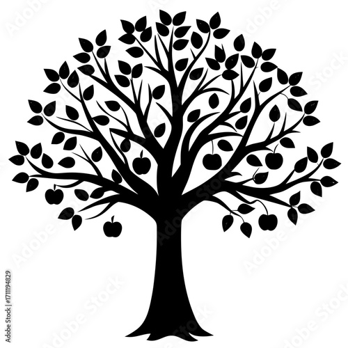 Simple black silhouette of a tree with apples on its branches