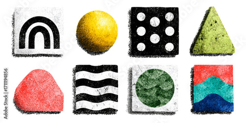 Colorful Geometric Shapes with Vintage Texture on Transparent Background