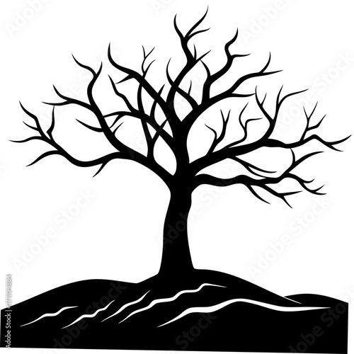 A stark black and white illustration of a bare tree on a hill