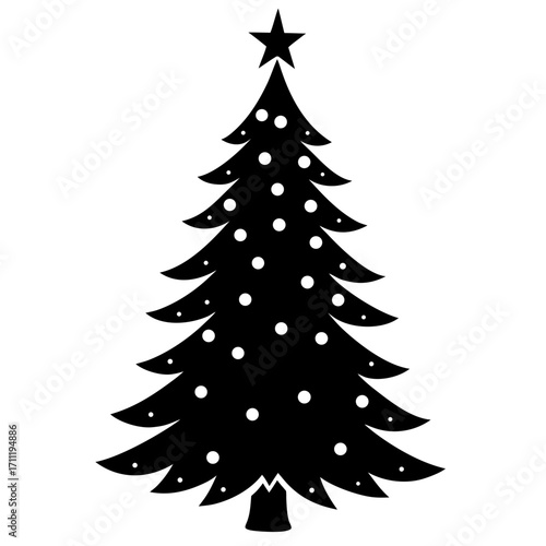 Simple black and white illustration of a christmas tree with a star
