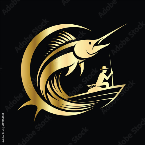 Golden Marlin Fish Logo Design – Luxury Sailfish Vector Emblem for Sport Fishing, Seafood Branding, Ocean Adventure Badge, Premium Fisherman Club Icon, Stylish Golden Logo Illustration.
