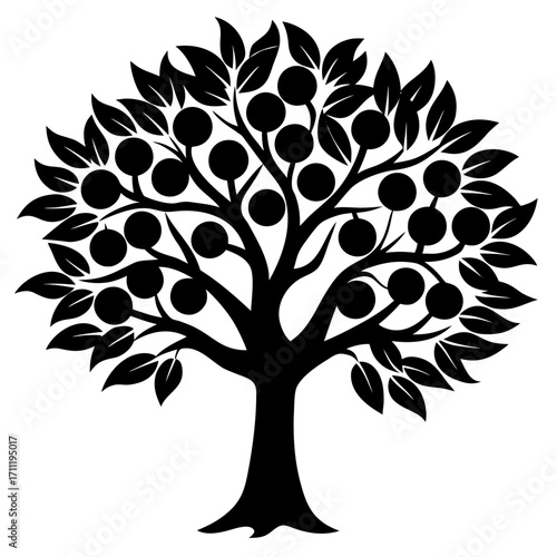 Detailed black silhouette of a fully leafed fruit tree on a white background