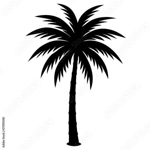 Simple black silhouette of a tropical palm tree on white background