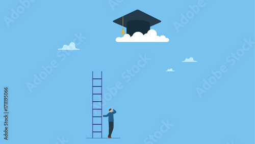 A man with too short ladder to climb to reach high graduated mortarboard on the cloud. Education cost, expensive school or university cost, education gap or scholarship opportunity.