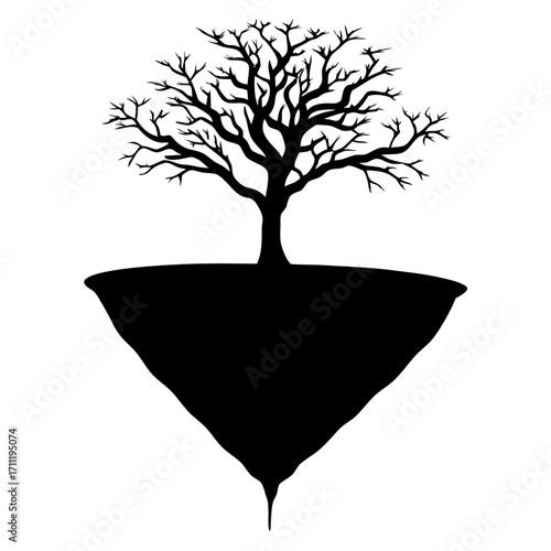 A stark black tree emerges from a floating triangular island