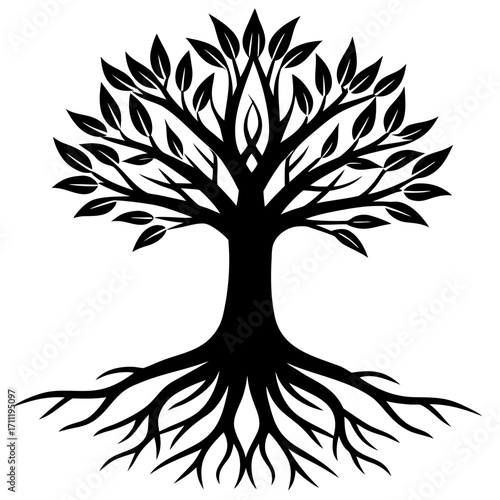 Elegant black and white illustration of a tree with detailed roots