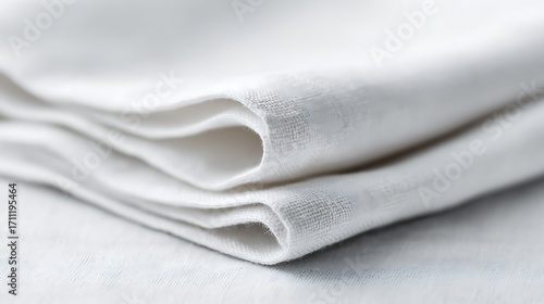 A neatly folded white linen napkin on a white tablecloth, highlighting its soft texture and clean appearance.