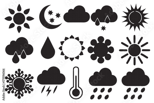 Weather forecast symbols featuring sun, moon, cloud, rain, snow, storm, thermometer, and temperature changes