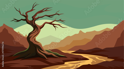 A solitary twisted tree stands sentry over the rugged terrain its gnarled and withered branches reaching for the elusive water below.