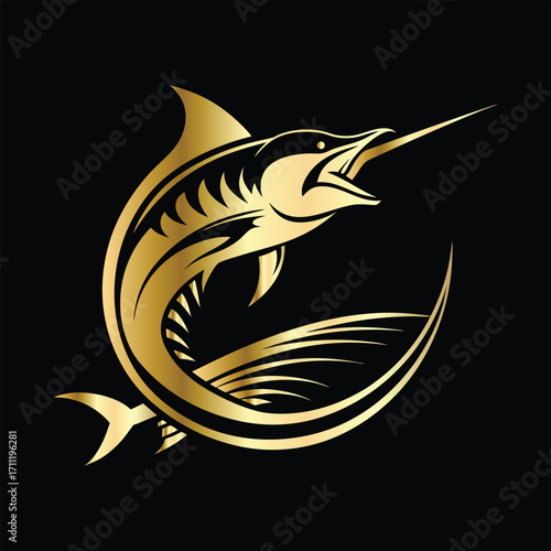 Golden Marlin Fish Logo Design – Luxury Sailfish Vector Emblem for Sport Fishing, Seafood Branding, Ocean Adventure Badge, Premium Fisherman Club Icon, Stylish Golden Logo Illustration.
