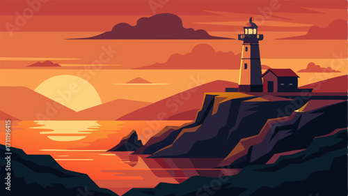 As the sun sets on the horizon the coastal lighthouse casts a warm glow over the rugged landscape offering a sense of comfort and security to weary sailors.