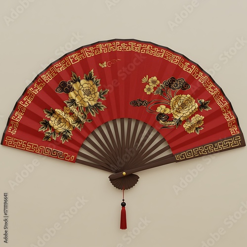 Red Floral Hand Fan, Asian Decor, Wall Hanging