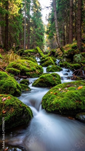 Serene Forest Stream Flowing Over Moss-Covered Rocks in Nature