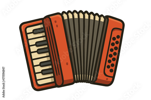 Accordion icon. Musical instrument symbol. Vector cartoon illustration of a red bayan. Folk music equipment for concert and performance. Classic acoustic sound and melody.