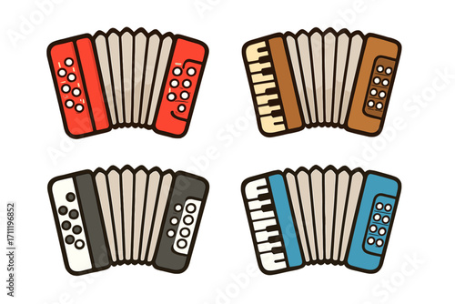 Accordion musical instrument vector icon set. Cartoon flat illustration of classic and piano accordions. Folk music symbol for orchestra or band. Traditional concertina design.