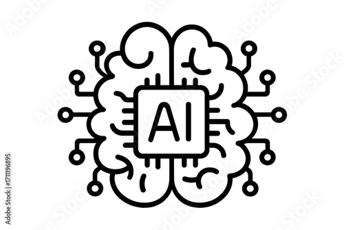 Artificial intelligence AI icon with brain and processor chip. Concept for machine learning, neural network, digital mind and future technology. Vector line art symbol.