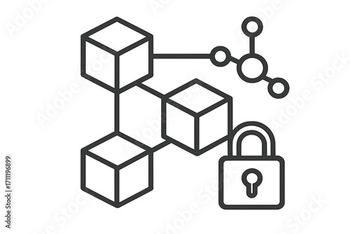 Blockchain technology vector line icon. Secure data transaction, decentralized network symbol. Fintech and crypto innovation concept. Digital blocks connected in a chain with a lock.