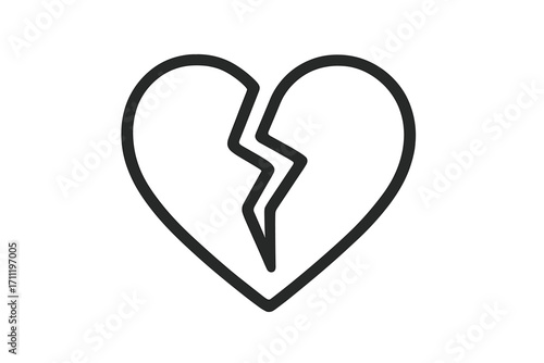 Broken heart line icon for heartbreak, lost love, and sadness. Vector symbol of divorce, relationship crisis, and emotional pain. Minimalist illustration for grief or sorrow.