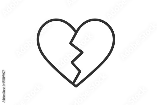 Broken heart icon vector illustration. Minimalistic line art pictogram of heartbreak, sadness, and loss. Symbol for divorce, relationship problems, and emotional pain.