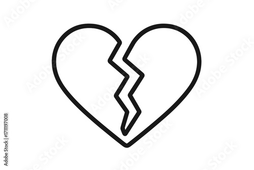Broken heart icon symbol of heartbreak, love and sadness. Vector line art of a lonely heart for divorce or breakup concept. Simple illustration of pain and sorrow. Lost love.