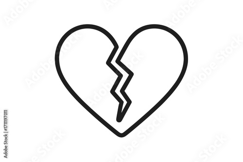 Broken heart icon symbol of heartbreak and sadness. Metaphor for divorce, separation, and lost love. Simple vector line art illustration for concepts of pain and grief.