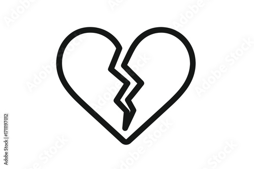 Broken heart icon vector. Minimalist line art symbol for heartbreak, divorce, separation. Concept of relationship problems, sadness, pain, grief, and lost love. Unhappy.
