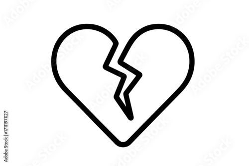 Broken heart icon vector. Minimalist outline symbol for heartbreak, divorce, sadness. Represents the end of a relationship, emotional pain, lost love, loneliness and sorrow.