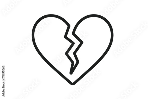 Broken heart icon vector line art. Metaphor for heartbreak, divorce, and relationship problems. Symbol of sadness, pain, loss, and love ending. Simple outline logo.