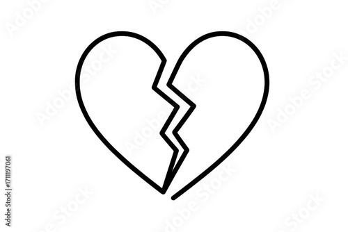 Broken heart outline icon vector illustration. Symbol of heartbreak, divorce, sadness, and lost love. Relationship problem concept. Simple line art for web and graphic design.