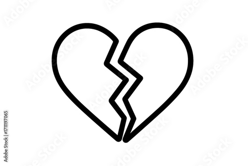 Broken heart icon vector. Symbol of heartbreak, lost love, and sadness. Outline illustration for concepts of divorce, separation, relationship problems, and emotional pain.
