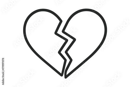 Broken heart icon symbol of heartbreak, love and relationship problem. Vector outline illustration for divorce, breakup or sadness. Linear logo for web design, app or card.