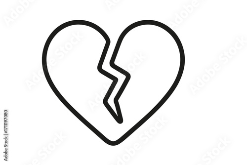 Broken heart outline linear sign. Vector icon symbolizing heartbreak, sadness, and sorrow. Concept of divorce, love pain, and relationship problems. Unhappy love metaphor.