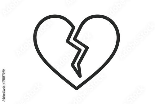 Broken heart icon symbol of heartbreak, love, and sadness. Vector outline illustration representing relationship problems, divorce, pain, and loneliness. Simple line art.