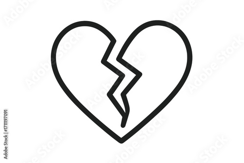 Broken heart line icon symbol of heartbreak and love lost. Sadness, pain, divorce, and breakup concept. Vector art illustration of relationship problems, lonely feelings, and grief.