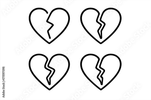 Broken heart icon set. Symbol of divorce, parting, and lost love. Vector outline illustration for relationship crisis, sadness, and heartache. Linear graphic element design.