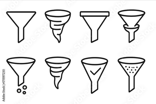 Funnel filter icon set. Sales and marketing conversion funnel for lead generation. Data processing and sorting pictogram collection. Tornado and vortex symbols for chaos concept.