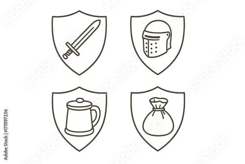 Medieval knight icon set. Vector line art shields for fantasy RPG game UI. Collection includes sword, helmet, money bag, tankard symbols for adventure, quest, and battle.