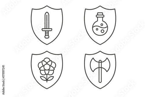 RPG class icon set. Fantasy game UI elements. Warrior, mage, druid, barbarian skill signs. Thin line shield collection with sword, potion, flower, axe symbols. Vector.