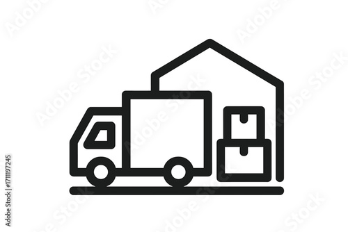 Delivery service outline icon. Logistics and shipping concept with truck, warehouse, and boxes. Vector symbol for transport business, cargo, freight, and distribution. Minimalist line art.