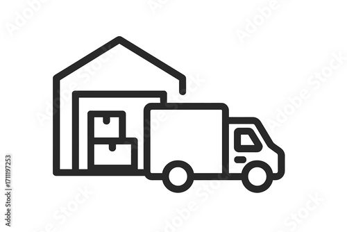 Warehouse loading icon. Logistics and delivery service concept. Truck shipping from depot storage. Freight transport, distribution center. Minimal vector illustration for web.