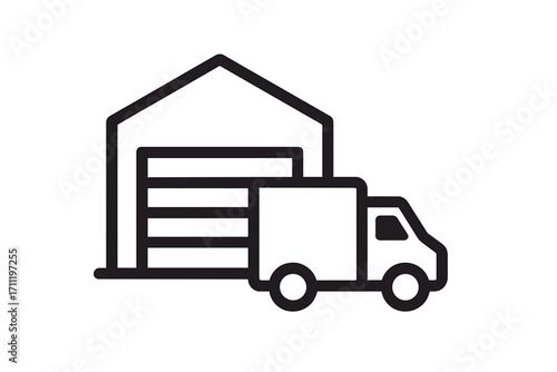 Warehouse and truck icon. Logistics, delivery service symbol. Freight shipping concept. Storage, distribution center. Courier van, cargo transport pictogram. Linear outline.