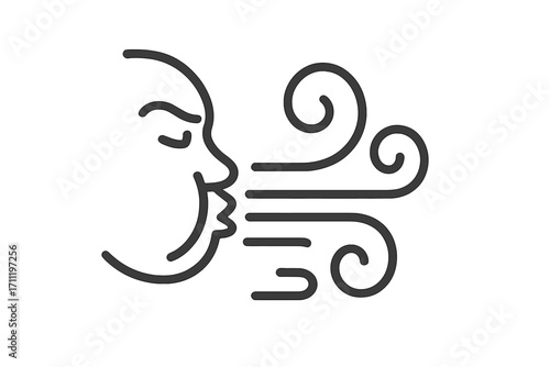 Wind blowing icon. Man face profile exhaling fresh air. Cool breeze, breath symbol. Weather concept. Abstract human head blowing wind. Line art vector illustration. Nature.