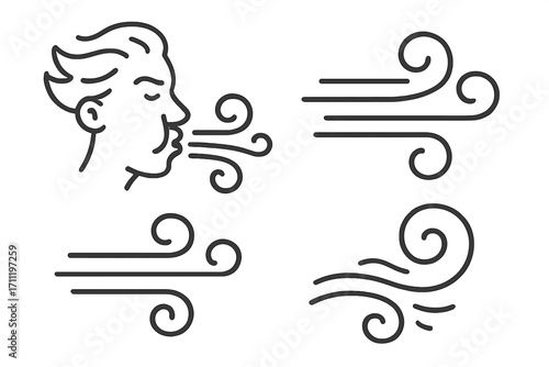 Wind blow icon collection. Man face blowing air. Cold breath, fresh breeze. Weather forecast symbols. Nature swirl, storm gust design element. Linear vector illustrations set.